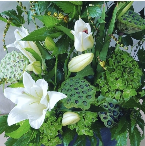真っ白お大きなカサブランカとグリーンの蓮の実「お悔やみのお花」