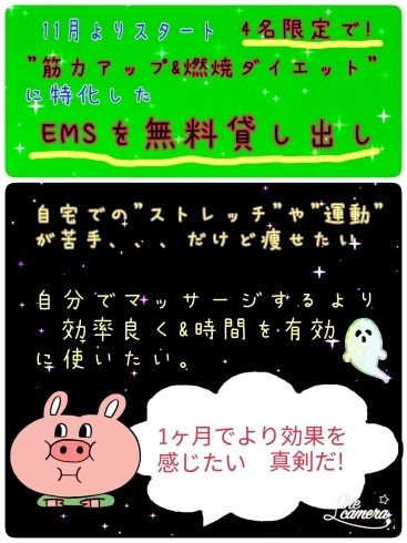 自分でのダイエットが難しい方におススメです「11よりスタート　４名限定の　【筋力アップ&燃焼アップＥＭＳ】　を　無料貸し出しします！！」