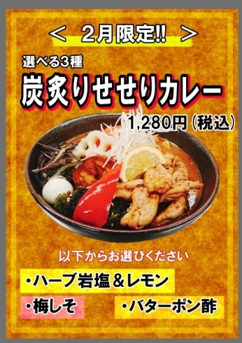 「2月限定！マンスリーカレー　選べる3種　炭炙りセセリカレー(ハーブ岩塩&レモン・梅しそ・バターポン酢【千歳駅周辺　スープカレー　駐車場完備　ランチ　ディナー　テイクアウト】」