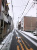 今朝のお店の前の道「雪が降っています。」
