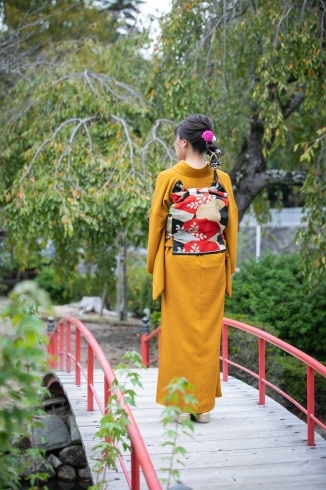 吉備津神社にてロケ撮影「問屋町レンタル着物　早朝の着付け　ヘアーメイク　出張可能　変わり結びの帯無料で致します」