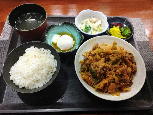 スタミナ炒めです。「今日は長崎の天然かんぱち。【鳥夜ゆうこ、京都市南区、居酒屋、ランチ、地鶏、お刺身 】」