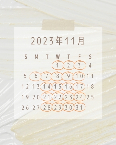 「11月の営業カレンダー【刈谷の焼き菓子店　おかし工房パンドラ】」
