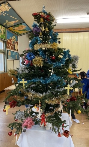 みんなで飾りつけをしたクリスマスツリーです「もうすぐ１２月☆幼稚園でクリスマスツリーを飾りました♪」