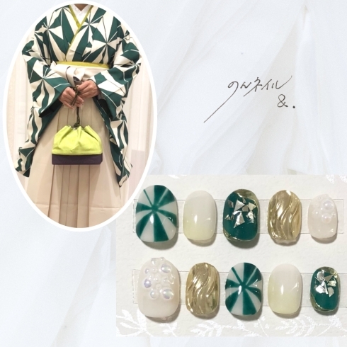 「袴リンクネイルチップ🌸緑と白の印象的な柄で指先からトータルコーディネート𓂃 𓈒𓏸富士市のネイルチップ専門店𓂃 𓈒𓏸」