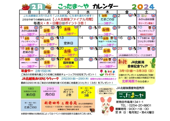 ２月のカレンダー公開です「週末はこったま～やへ！！　２月の営業カレンダー公開(^^)/」