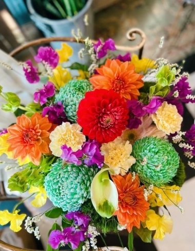 「お祝いアレンジメント💐岡山市南区若葉町、コルティーレ、小さな花屋さん、花束、アレンジ、祝い、観葉植物、ドライフラワー　」
