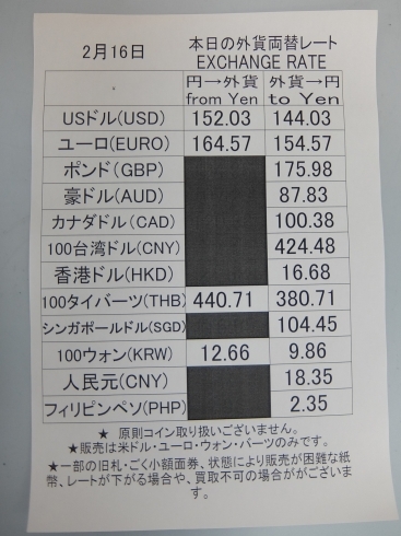 2月16日アリオ上尾前店外貨両替レート「使わなくなった外貨お買取り（両替）しています。」