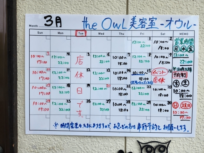 ３月の月間日程表「３月の月間日程表　さつま町美容室【the OWL-オウル-】」