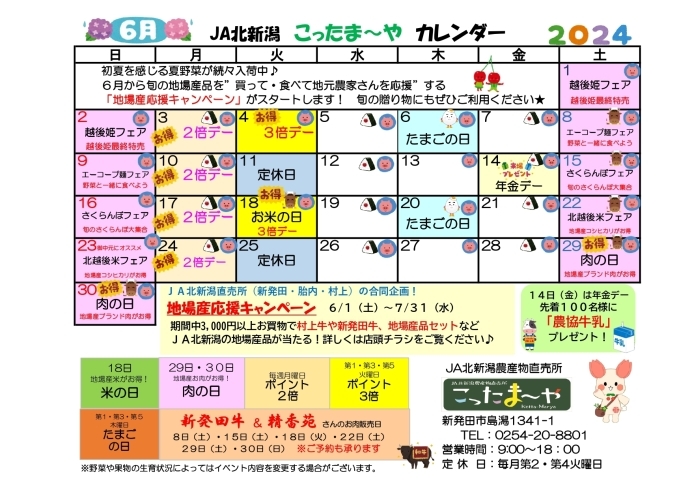 こったま～や６月カレンダーです！「JA北新潟直売所６月カレンダー」