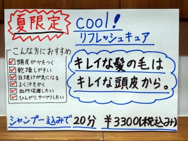 クールリフレッシュキュア、夏限定、シャンプー込み「夏限定の新メニュー、「クールリフレッシュキュア」が出ました。」