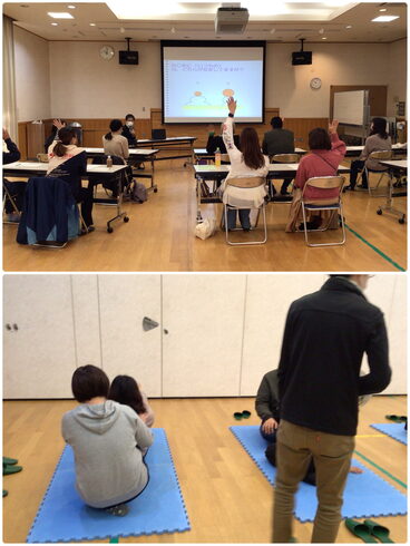 講座の様子です。みんなでストレッチしています。「地域子育て力アップ講座「子どもがすくすく育つ家庭内のコミュニケーション」を開催しました。」