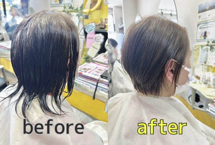 耳かけショート before after「°˖✧前髪なし・流行りの耳かけショート✧˖° 青梅の美容室 はだかの王様 河辺店」