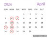 赤丸がお休みです。「4月のお休み」