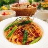 地元食材を使った「Sprout Garlic Pasta fair～３つのご褒美」（鳥取県産挽肉とアスパラのガーリックトマトソースパスタ）