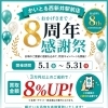 おかげさまで8周年！5/1〜5/31限定・買取金額8％UPキャンペーン