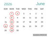 赤丸がお休みです。「6月のお休み」