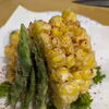 旬のトウモロコシのかき揚げとインゲンの揚げ物