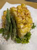 「旬のトウモロコシのかき揚げとインゲンの揚げ物」