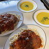 本日のランチ　茄子のミートソースパスタとかぼちゃのスープ