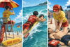 海水浴場ではルールを守り楽しい夏休みをお過ごしください。青旗→遊泳可　黄旗→遊泳注意　赤旗→遊泳禁止「ライフセーバーとは…。」