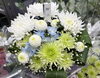 白い菊とグリーで清涼感 florals offering serenity「お盆のご挨拶に・手土産用お供えアレンジメントのご案内【おしゃれな雑貨のある福島市のお花屋さんまめ猫の家　かわいい看板猫がお出迎え♪】」