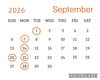 赤丸がお休みです。「9月のお休み」