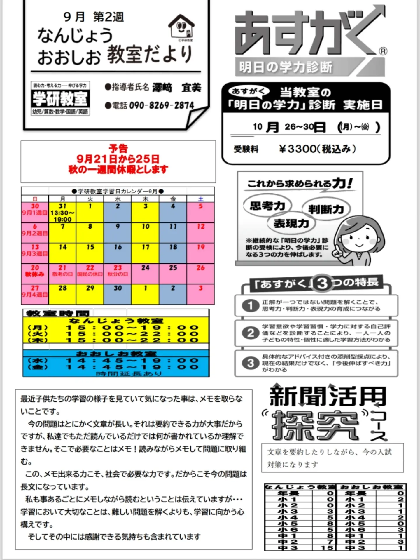 学研おおしお・学研なんじょう教室だより（9月2週目）【越前市王子保・学習塾/学習教室/算数/数学/国語/英語/幼児/小学生/中学生】