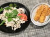 「本日のAランチは　温しゃぶ風とエビフライ」