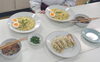 つけ麺と餃子「今月の上級者クラスはきのこ入りつけ麺で苦手克服に挑戦しました」