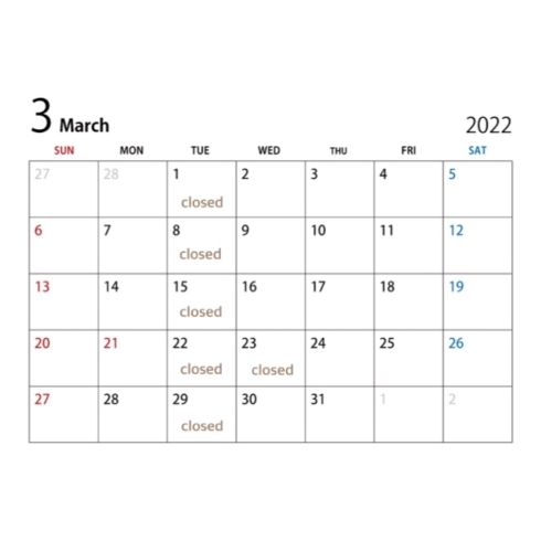 ３月営業日カレンダー「３月営業日カレンダー」