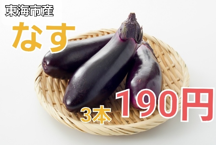3本入ってこの値段‼️たっぷり使えます「⭐ナス⭐3本190円‼️焼きナス✱麻婆なす✱天ぷらに/大府市/野菜直売」