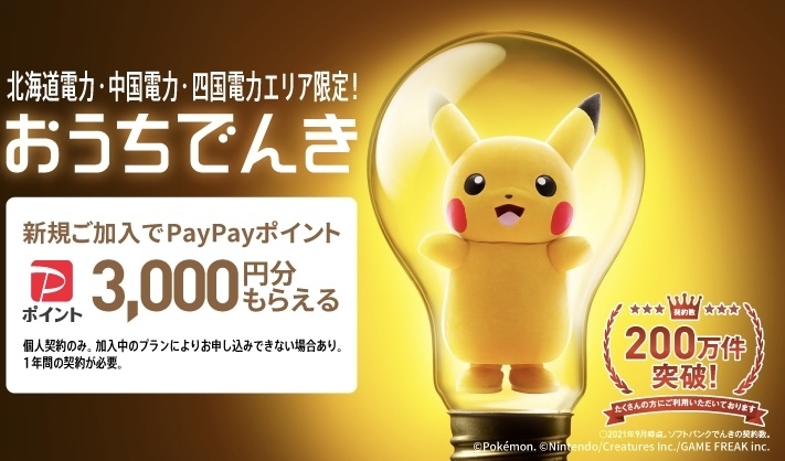 　「おうちでんき新規ご加入でPayPayポイント3,000円分ゲット」