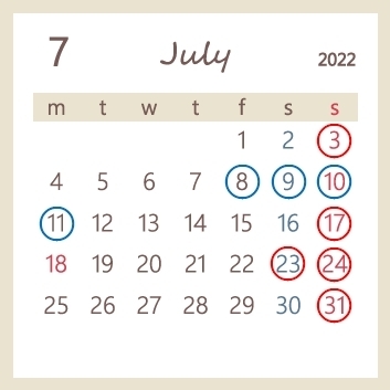 7月の定休日「7月の定休日 & 7/8(金)～11日(月)『サマーフェア』開催！」
