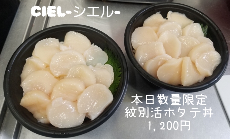 紋別直送生ホタテ丼「【シエル】本日紋別直送生ホタテ丼数量限定です」