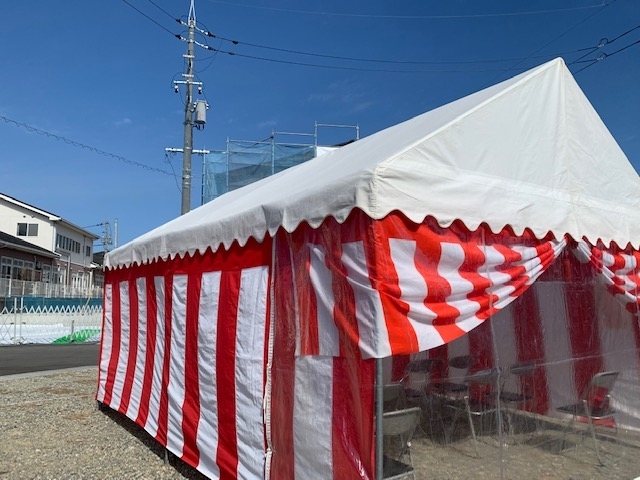 東広島市西条町寺家　地鎮祭　会場設営行「東広島市西条町寺家　地鎮祭　会場設営行いました。　【レンタルほり　地鎮祭　テント　各種祭事　行事　お祭り　各種イベント設営　模擬店　屋台　機材　レンタル　地域情報　WEB　地域密着　まいぷれ東広島竹原】」