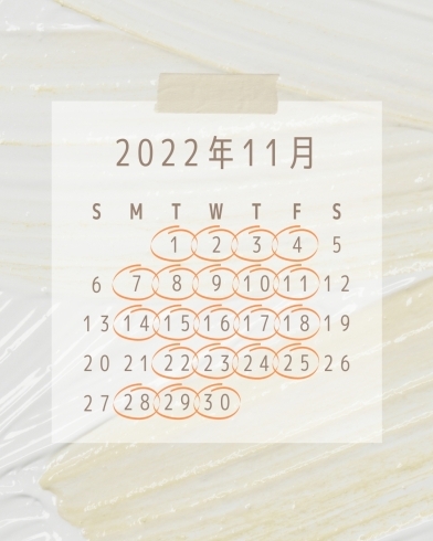 「11月の営業カレンダー【刈谷の焼き菓子店　おかし工房パンドラ】」