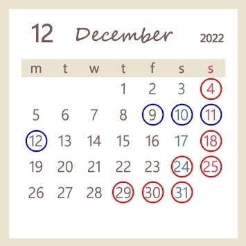 12月の定休日「12月の定休日 & 12/9(金)～12日(月)『クリスマスフェア』開催！」