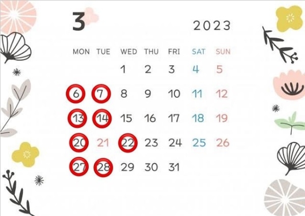 3月営業カレンダー「3月の営業カレンダー [福井韓国風カフェHagpopo ハグポポ]」
