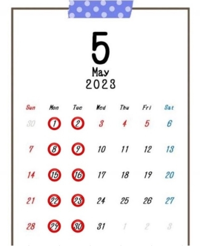 月・火はお休みです！「5月の営業日カレンダー【福井韓国風カフェ Hugpopo ハグポポ】」