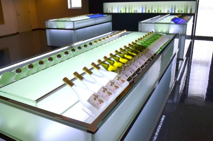500ml・720mlの日本酒がおさめられた様々なデザインのボトルたちが展示されています。<br>ステンドグラスの光とともに美しいコントラストを描き出します。