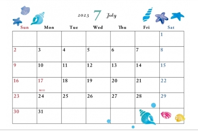 ７月のカレンダー(営業カレンダーではありません)「７月の営業予定」