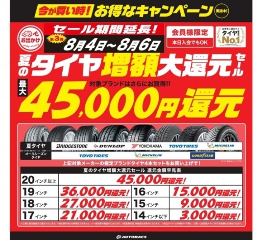 「8/4~8/6の3日間限定　タイヤ還元額を増額致します。奈良県でタイヤ交換はスーパーオートバックス八木店におまかせ」