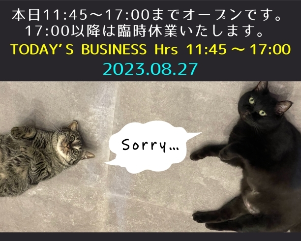 臨時休業「TODAY’S BUSINESS Hrs　2023.08.27」