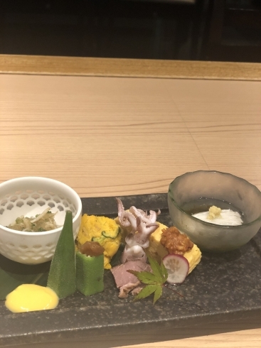 おまかせコースの前菜「お昼に天ぷらやで！ちょっと贅沢におまかせコース^ ^」