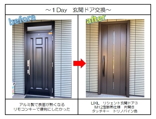 玄関リフォーム、見比べてください☆「【名古屋市】玄関がアルミ製で表面が熱くなるからリクシルの玄関リシェントで玄関リフォームを、、、」
