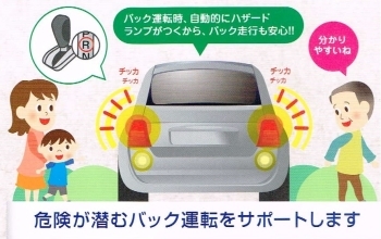 バック運転時、自動的にハザードランプがつくから、バック走行も安心です！