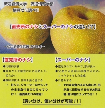 横井ゼミが作成した資料です。<br>直売所の梨とスーパーの梨は買い分け、使い分けが出来るとのことでした。