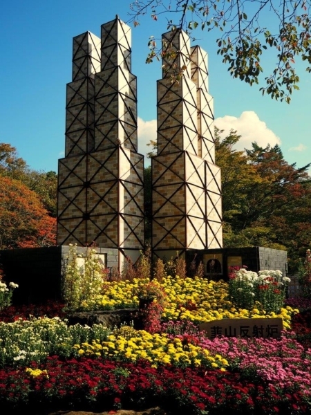 今、楽寿園では世界遺産に登録されました韮山反射炉と菊の花が一度にご覧いただけます。