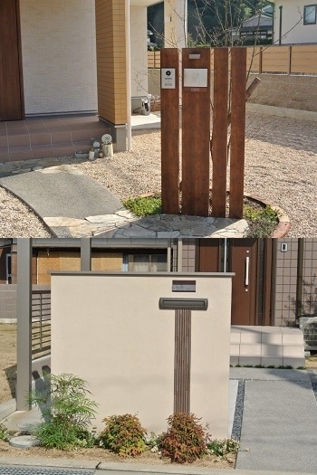 上：木目調のアルミ角材を使った門柱
下：塗りの門柱
「有限会社大西住設」